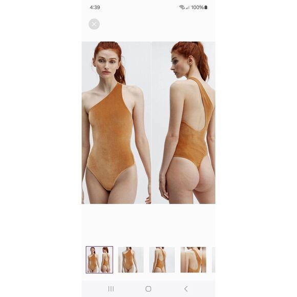 New Large Fabletics Light Honey Gigi Velour Thong Bodysuit One Shoulder NWT - Picture 1 of 8